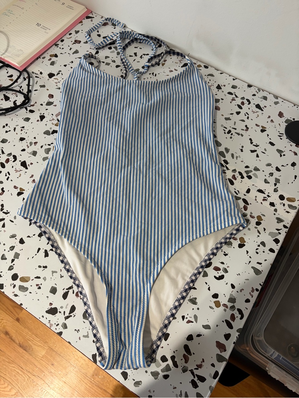 Blue and White Striped One-Piece Swimsuit